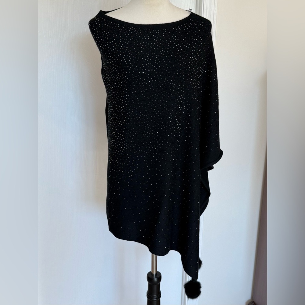 Black Sweater Asymmetrical Poncho with Rhinestones